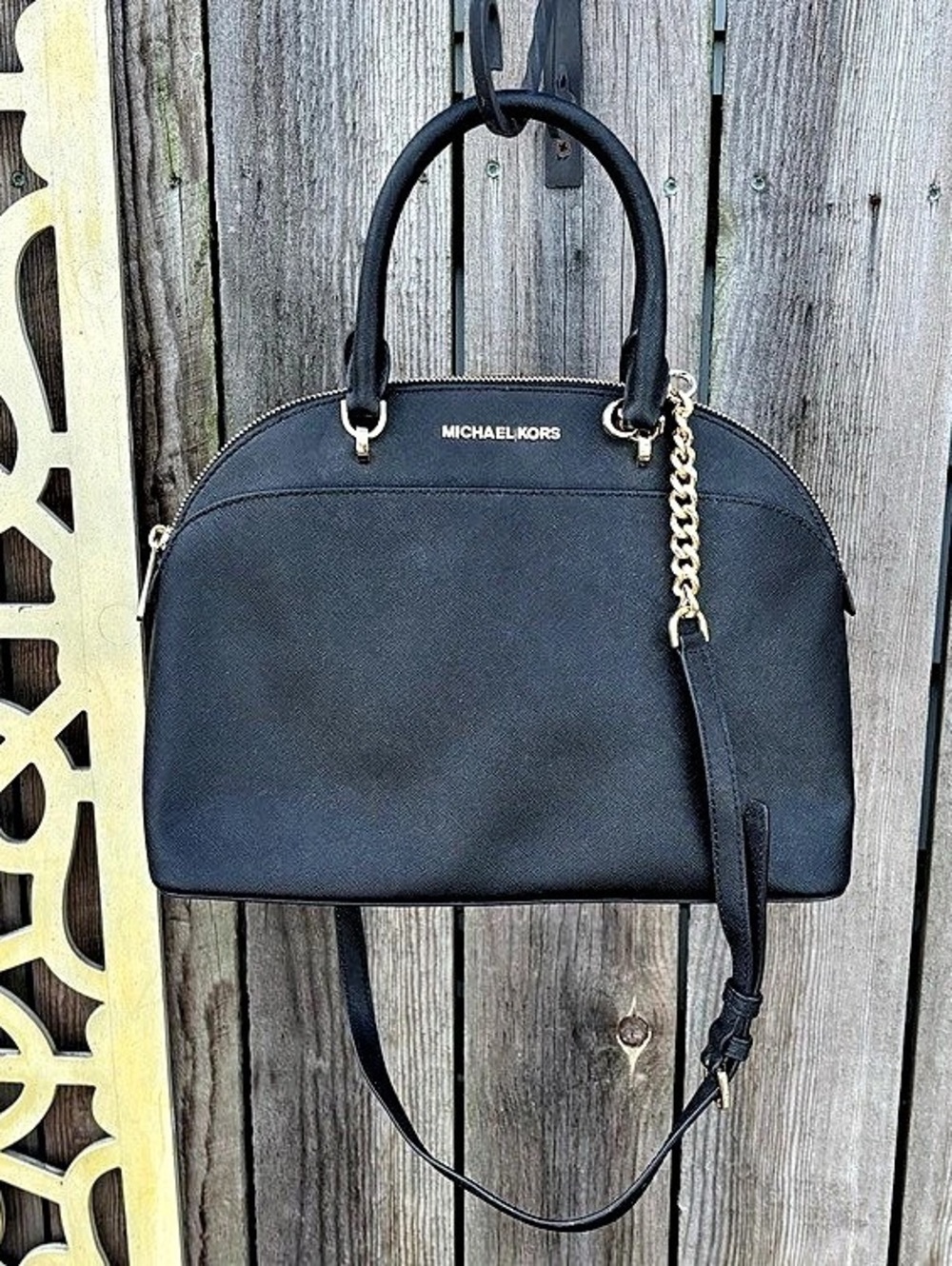 NWT Michael Kors Emmy Large Saffiano Leather Dome Satchel - Black & Gold ($378)